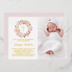 Invitation En Aluminium Couronne de pivoine rose aquarelle Photo Baptême