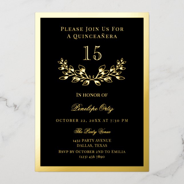 Invitation En Aluminium Couronne de Quinceañera en feuille d'or noir et or (Recto)