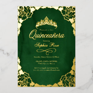 Invitation En Aluminium Couronne de Quinceanera en or émeraude florale