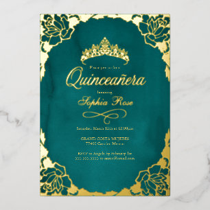 Invitation En Aluminium Couronne de Quinceanera en or sarcelle florale