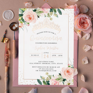 Invitation En Aluminium Couronne de Quinceanera Florale en Or Rose Moderne