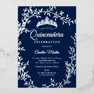 Invitation En Aluminium Couronne de Quinceanera Navy Élégante et Feuille d