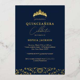 Invitation En Aluminium Couronne de Quinceanera Navy Or Élégant Script
