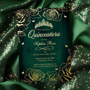 Invitation En Aluminium Couronne de roses émeraude dorée Thème Quinceanera