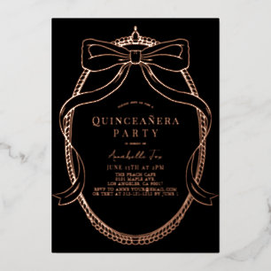 Invitation En Aluminium Couronne de ruban à arc d'or noir pour Quinceañera