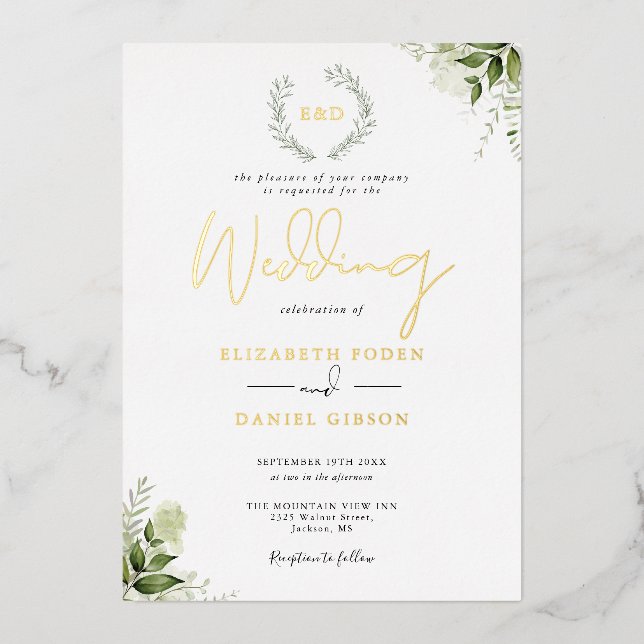 Invitation En Aluminium Couronne de verdure Monogramme Mariage Or (Recto)