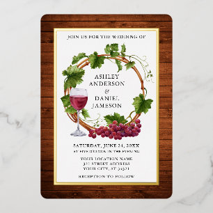 Invitation En Aluminium Couronne de vignes à l'aquarelle Bois Mariage Or