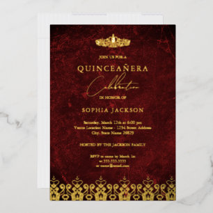 Invitation En Aluminium Couronne élégante en damas or rouge Quinceanera