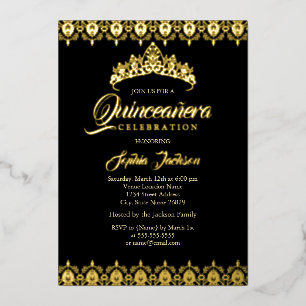 Invitation En Aluminium Couronne en feuille d'or noir Quinceanera