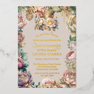 Invitation En Aluminium Couronne en or Fleurs de diamant Quinceanera