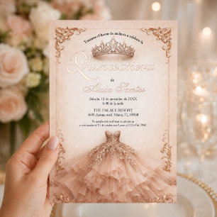 Invitation En Aluminium Couronne en or rose et robe de bal pour Quinceañer