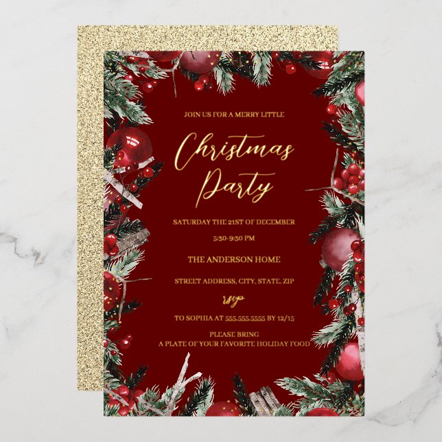 Invitation En Aluminium Couronne festive de feuillage rouge or de Noël Fêt (Recto/Verso)