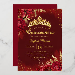Invitation En Aluminium Couronne Fleurie Or Rouge Quinceanera