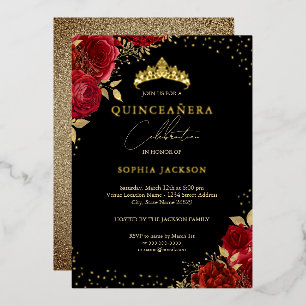 Invitation En Aluminium Couronne Fleurie Rose Or Rouge Quinceanera
