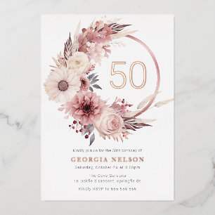 Invitation En Aluminium Couronne florale bohème 50e anniversaire Rose or