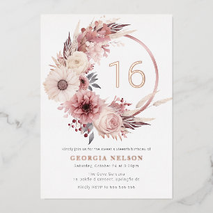 Invitation En Aluminium Couronne florale boho Sweet 16 Rose Gold