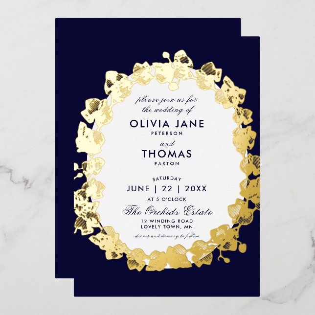 Invitation En Aluminium Couronne florale d'orchidée chic script marine or  (Recto/Verso)