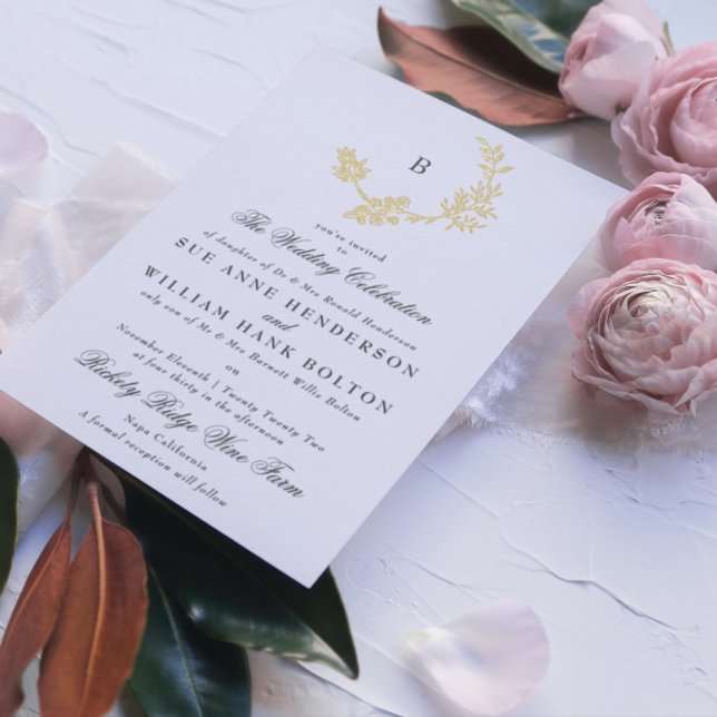 Invitation En Aluminium Couronne florale dorée Monogramme classique de mar (Créateur téléchargé)