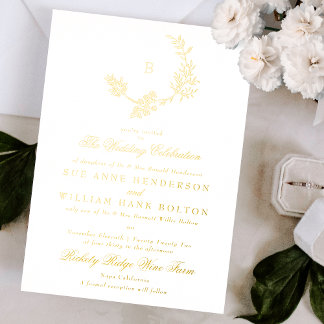 Invitation En Aluminium Couronne florale dorée monogramme vintage mariage