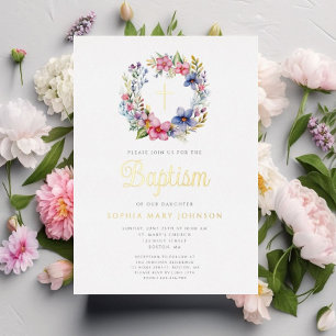 Invitation En Aluminium Couronne florale élégante Croix Fille Baptême Or
