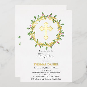 Invitation En Aluminium Couronne florale élégante de baptême croix dorée