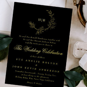 Invitation En Aluminium Couronne florale en or esquissée Monogramme Onyx M