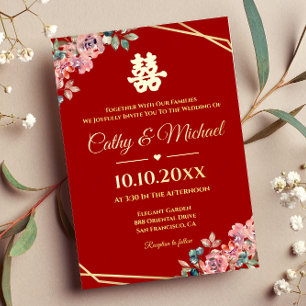 Invitation En Aluminium Couronne florale géométrique en or rouge pour mari