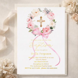 Invitation En Aluminium Couronne florale rose ruban croix dorée fille bapt