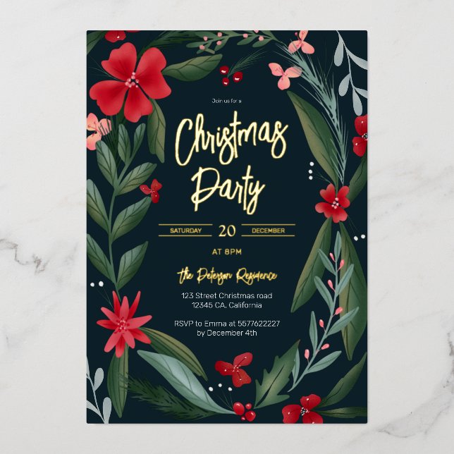 Invitation En Aluminium Couronne florale rouge verte motif Noël (Recto)