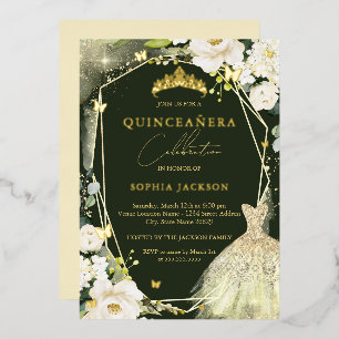 Invitation En Aluminium Couronne florale verte or robe de quinceanera