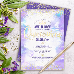 Invitation En Aluminium Couronne Glamour Aquarelle Violette en Or Véritabl