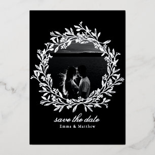 Invitation En Aluminium Couronne noire Élégant Photo & QR Save the Date