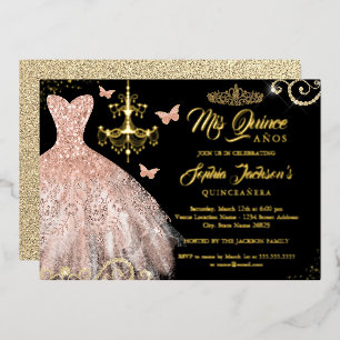 Invitation En Aluminium Couronne papillon noir or rose robe Quinceanera