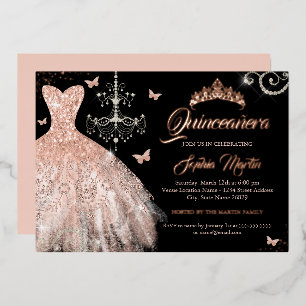 Invitation En Aluminium Couronne Papillon Rose Gold Robe Quinceanera