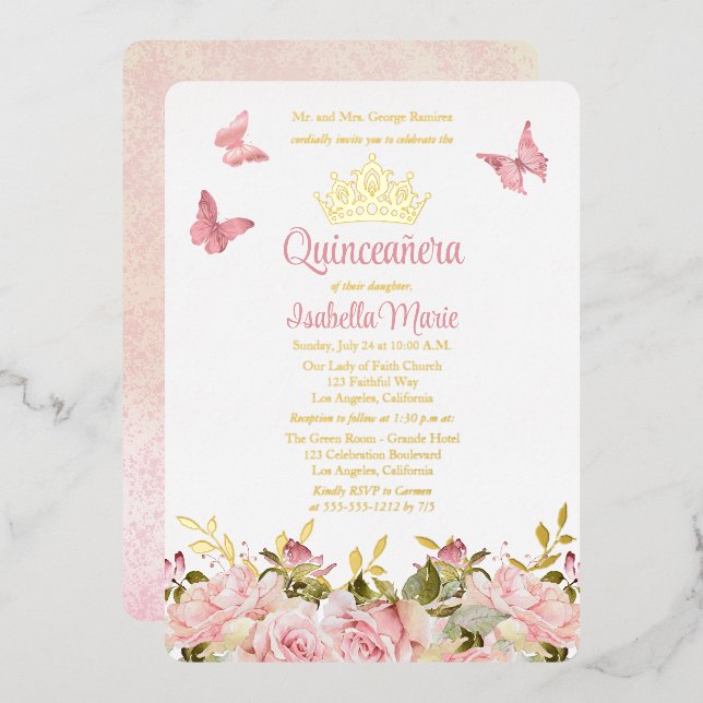 Invitation En Aluminium Couronne | Papillons Rose Fleur de Quinceañera  (Recto/Verso)