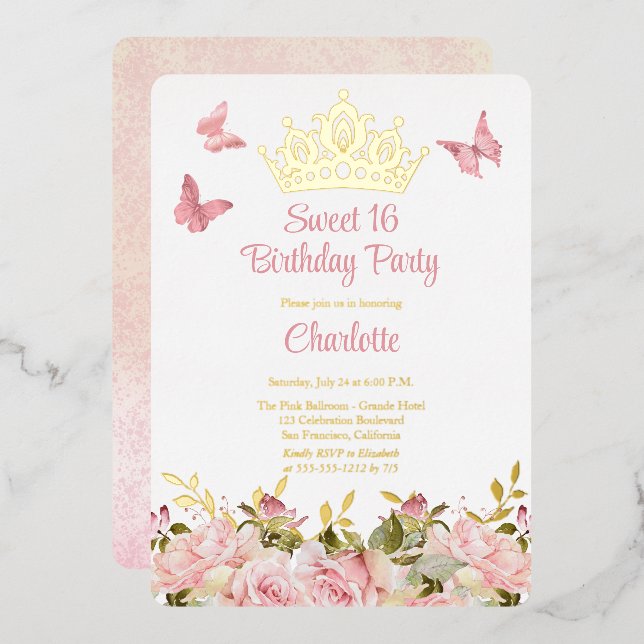 Invitation En Aluminium Couronne | Papillons rose Floral Sweet 16 Annivers (Recto/Verso)