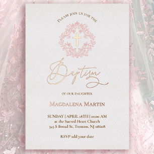 Invitation En Aluminium couronne rose Baptême