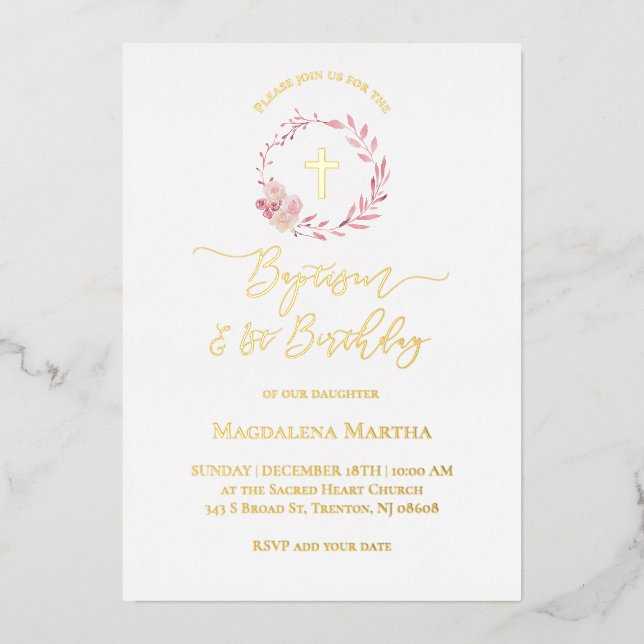 Invitation En Aluminium couronne rose poussiéreuse | Baptême et 1er annive (Recto)