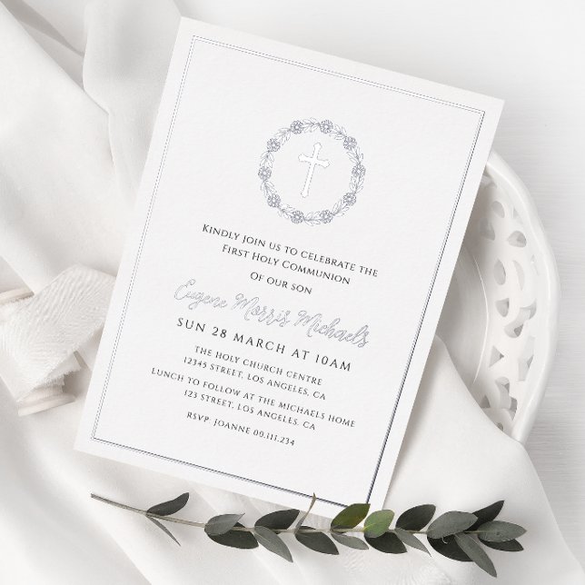 Invitation En Aluminium couronne végétale croix première communion (Créateur téléchargé)