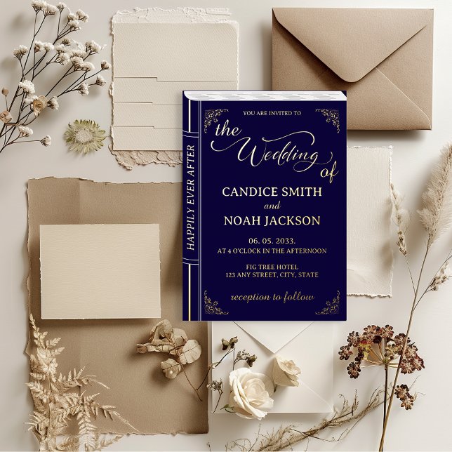 Invitation En Aluminium Couverture de livre de conte de fées fantaisiste b (Fairy Tale Navy Blue & Gold Book Cover - once upon a time, happily ever after wedding invitation)
