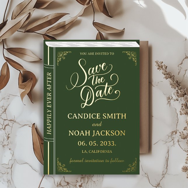 Invitation En Aluminium Couverture de livre de conte de fées vert Mariage  (Save the Date Unique Book Cover Fairy Tale Whimsical Castle Wedding Emerald Green and Gold Foil)