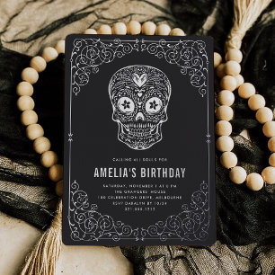 Invitation En Aluminium Crâne d'argent Dia de los Muertos fête d'anniversa