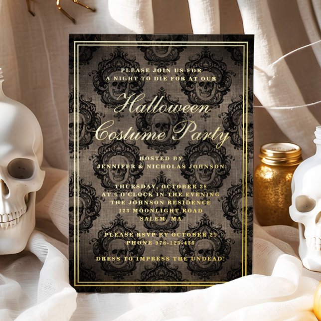 Invitation En Aluminium Crâne gothique Halloween Costume Party Gold (Gothic Skull Halloween Costume Party Gold Foil Invitation)