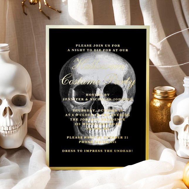 Invitation En Aluminium Crâne gothique Halloween Costume Party Gold (Gothic Skull Halloween Costume Party Gold Foil Invitation)