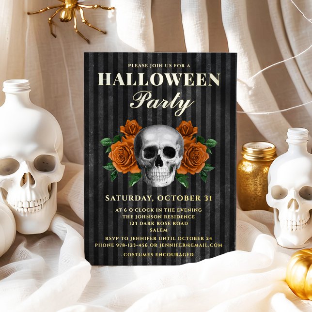 Invitation En Aluminium Crâne Orange Rose Halloween Party Gold (Skull Orange Roses Halloween Party Gold Foil Invitation)
