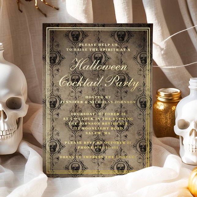 Invitation En Aluminium Crânes gothiques Halloween Cocktail Party Gold (Gothic Skulls Halloween Cocktail Party Gold Foil Invitation)