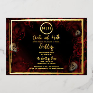 Invitation En Aluminium Crânes Roses rouges Crânes Flore foncé Mariage Pho