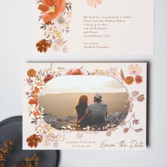 Invitation En Aluminium Cream Floral Frame Photo Enregistrer La Date Rose (Créateur téléchargé)