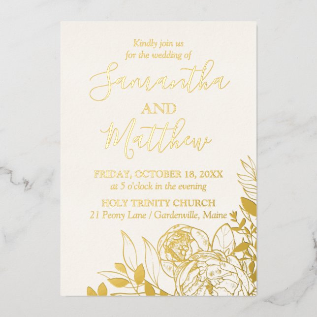 Invitation En Aluminium Crème d'ivoire et pivoine d'or Mariage floral mode (Recto)