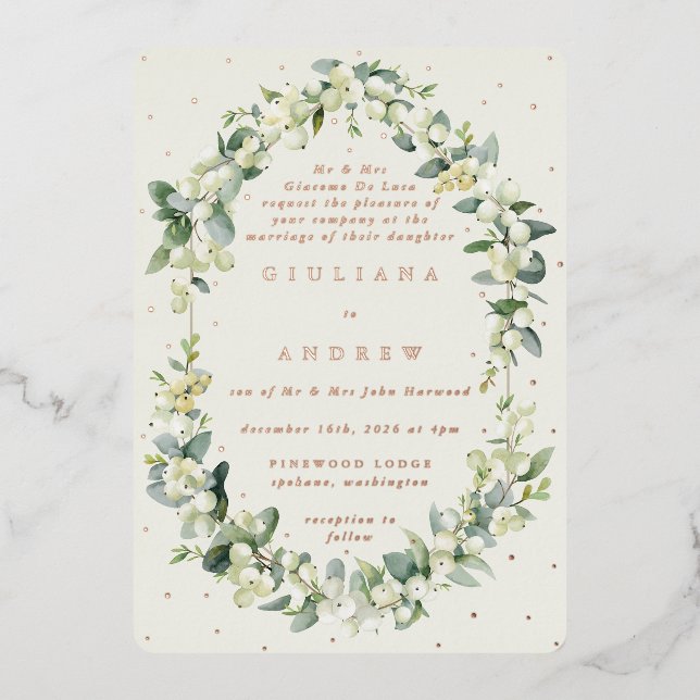 Invitation En Aluminium Crème formelle Snowberry+Eucalyptus Mariage d'hive (Recto)